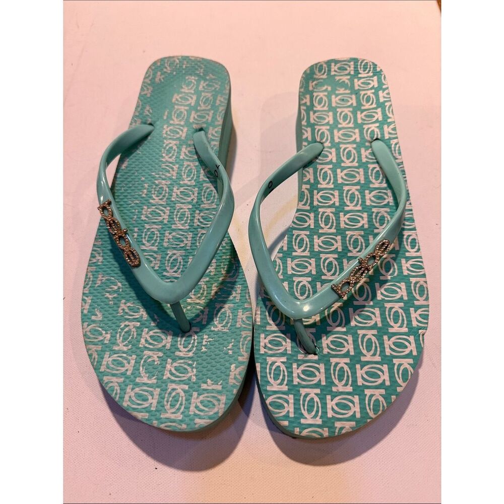 bebe Aqua Patterned Flip Flop Sandals with Gold Logo Accents